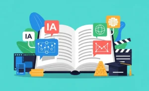 Ilustração em flat design de um livro aberto com elementos de IA, filmes (claquete, tira de filme) e símbolos acadêmicos (capelo), representando filmes de inteligência artificial para citar no ENEM como repertório sociocultural.