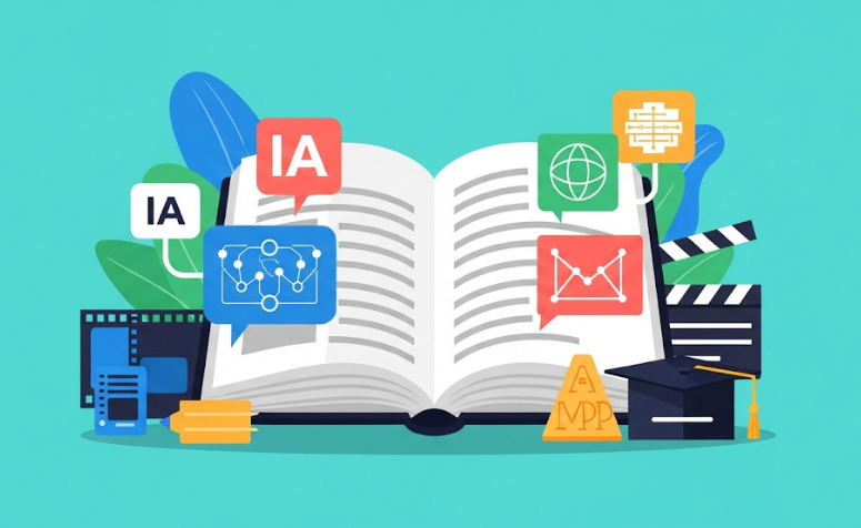 Ilustração em flat design de um livro aberto com elementos de IA, filmes (claquete, tira de filme) e símbolos acadêmicos (capelo), representando filmes de inteligência artificial para citar no ENEM como repertório sociocultural.