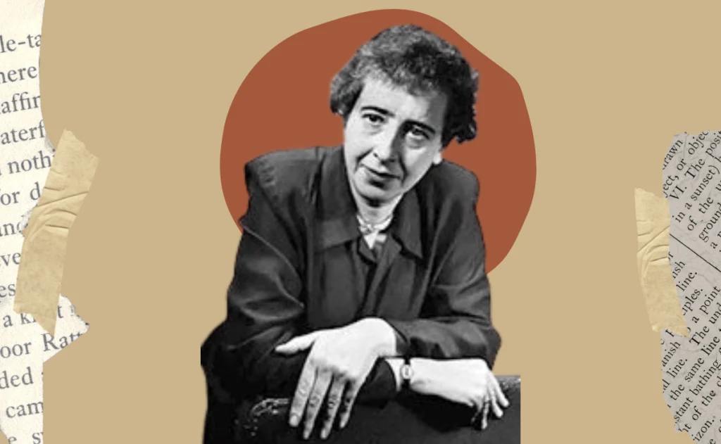 Um retrato clássico em preto e branco de Hannah Arendt, em destaque sobre um fundo suave em tom bege, transmitindo a profundidade e a atemporalidade de seu pensamento.