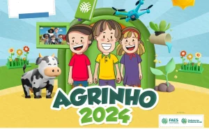 Ilustração colorida do edital Agrinho 2024 no Paraná com crianças, animais e elementos educativos, promovendo o programa para o ano de 2024.