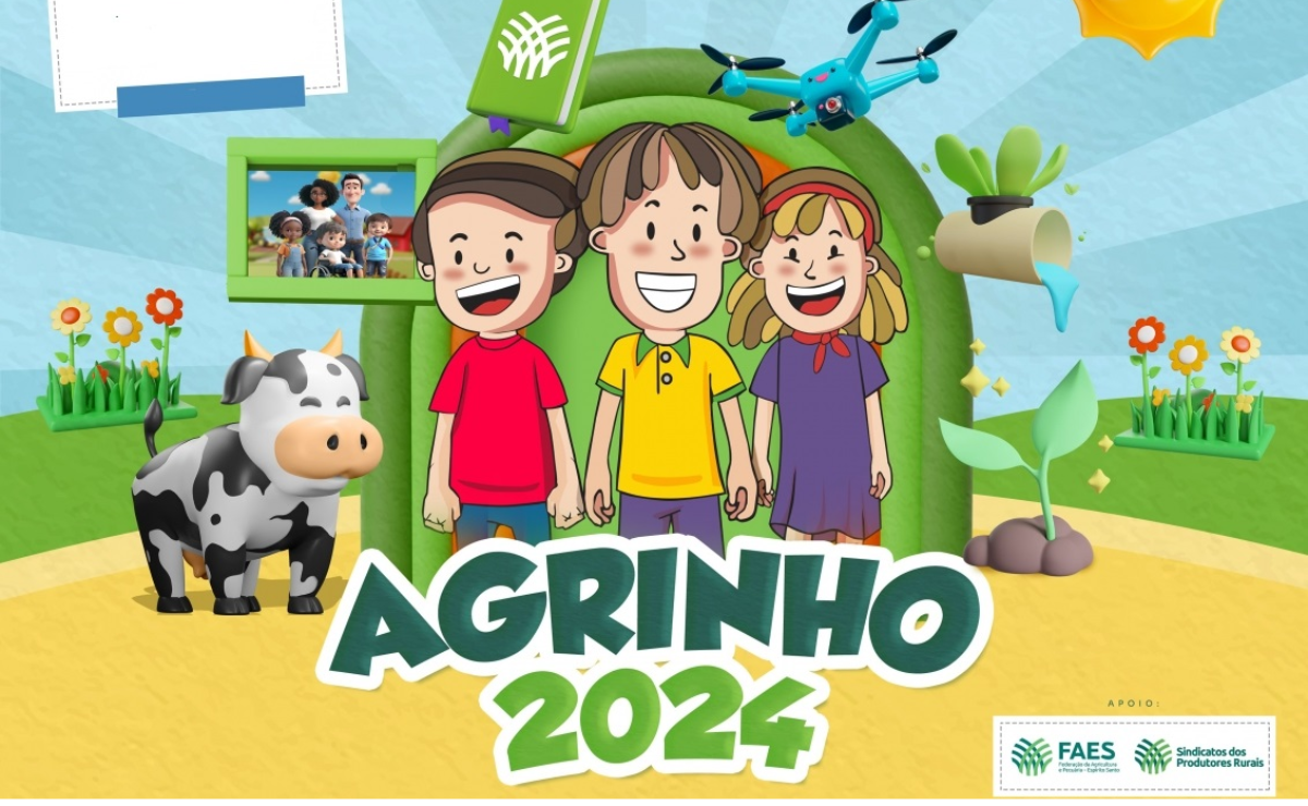 Ilustração colorida do edital Agrinho 2024 no Paraná com crianças, animais e elementos educativos, promovendo o programa para o ano de 2024.