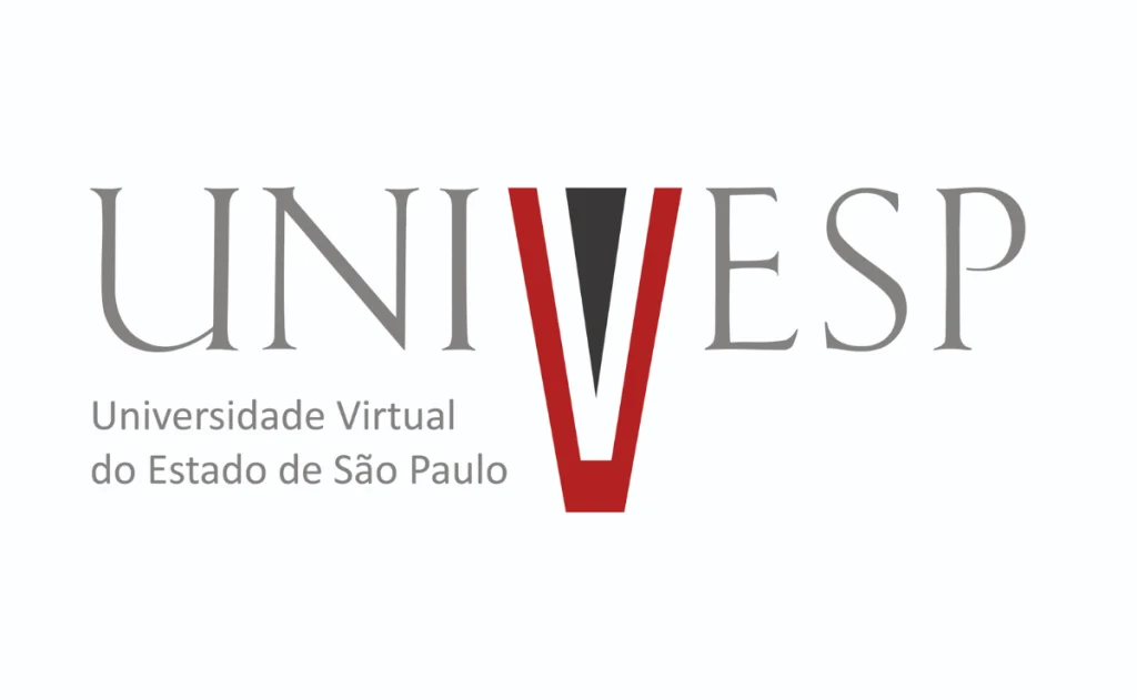 Logotipo da UNIVESP (Universidade Virtual do Estado de São Paulo). A palavra "UNIVESP" está em cinza, com a letra "V" central estilizada em vermelho e preto, e abaixo está escrito "Universidade Virtual do Estado de São Paulo" em cinza.