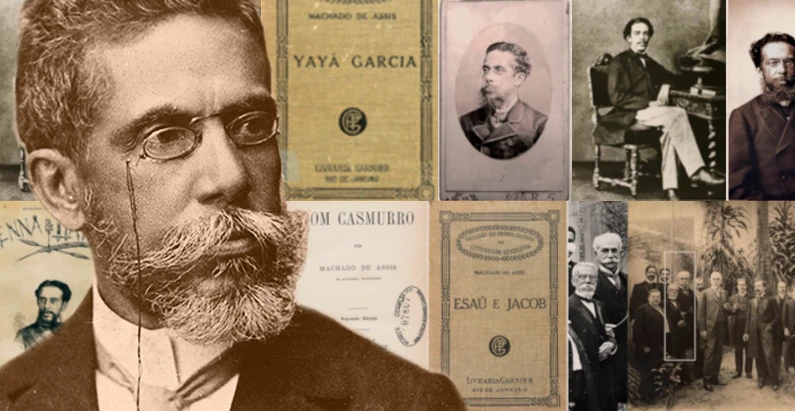 Imagem histórica de Machado de Assis com destaque para seu retrato, livros e documentos antigos relacionados à sua vida e obra, em ambiente de época.