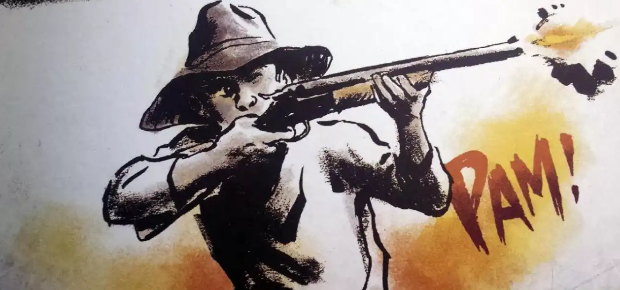 ilustracao novela grafica de Grande Sertao Veredas que apresenta um homem com chapeu segurando uma arma. fonte: companhia das letras