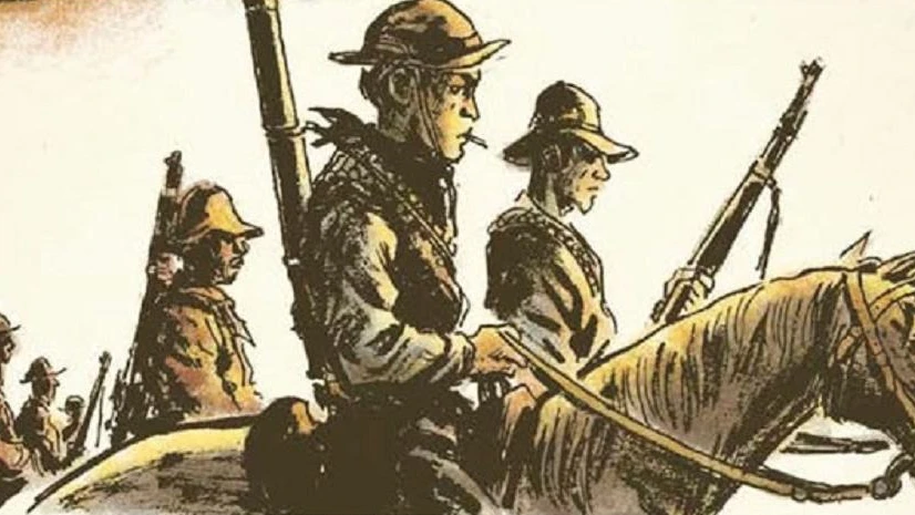 Ilustração de  tres homens em movimento em cima de cavalos segurando armas de guerra antigas. A imagem foi retirada do romance grafico de Grande Sertao Veredas publicado pela Companhia das Letras e de autoria de  Eloar Guazzelli e arte de Rodrigo Rosa