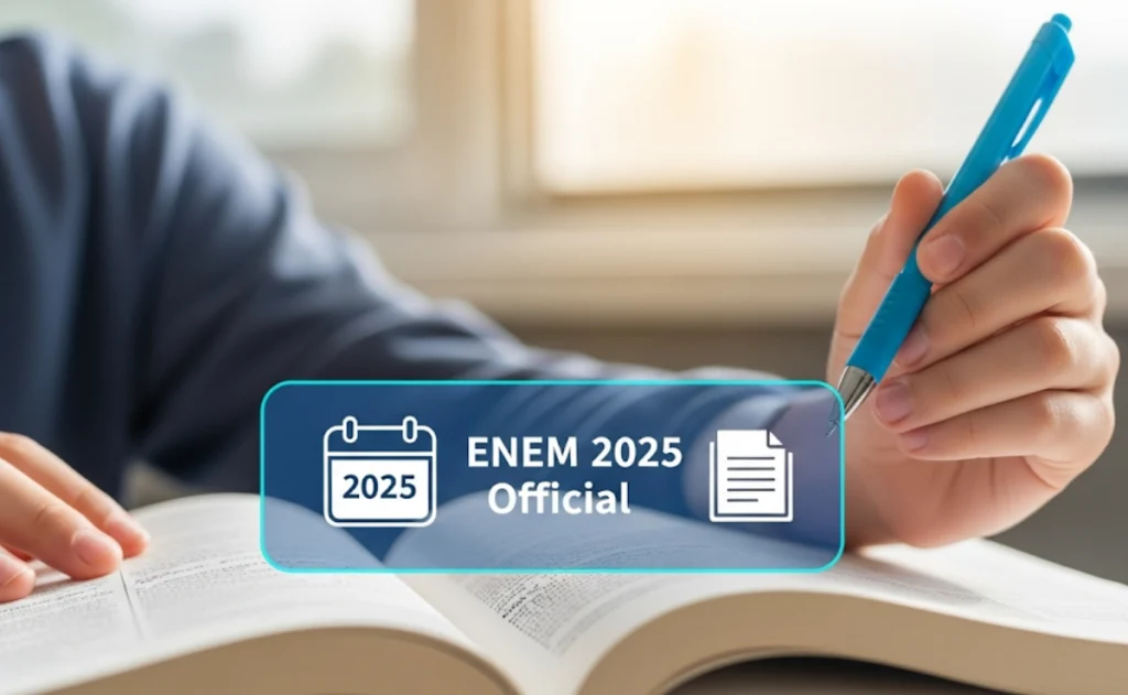Uma mão de estudante segurando uma caneta sobre um livro aberto, com um calendário digital e um ícone de documento sobreposto, simbolizando o Edital ENEM 2025. O fundo está desfocado, sugerindo o foco nos estudos e nas oportunidades futuras ao fazer a prova do ENEM.
