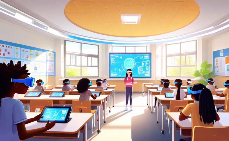 Sala de aula moderna com crianças usando tablets e óculos de realidade virtual em uma escola privada, promovendo tecnologia nas escolas privadas.
