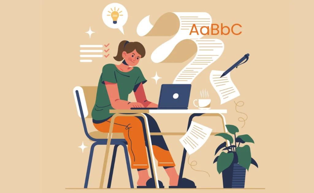 Ilustração de uma mulher estudando redação para o ENEM, com foco na transição entre parágrafos na escrita, cercada por papéis, laptop e referências de texto.
