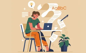 Ilustração de uma mulher estudando redação para o ENEM, com foco na transição entre parágrafos na escrita, cercada por papéis, laptop e referências de texto.