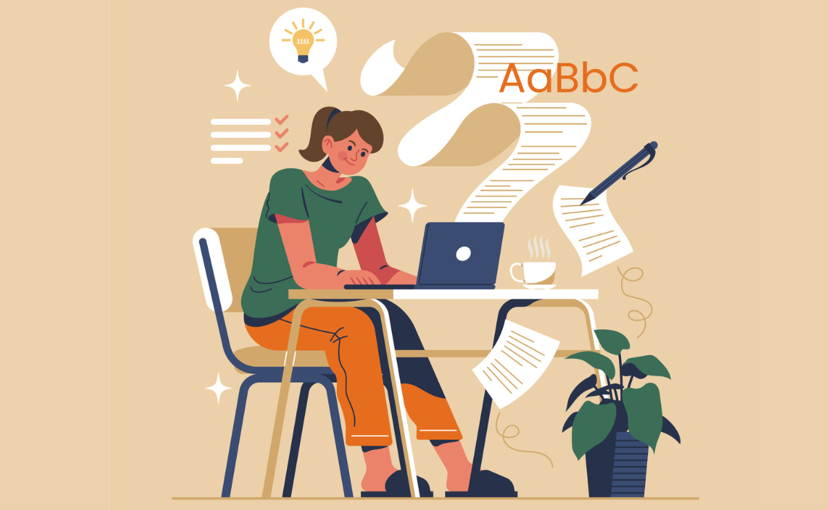 Ilustração de uma mulher estudando redação para o ENEM, com foco na transição entre parágrafos na escrita, cercada por papéis, laptop e referências de texto.