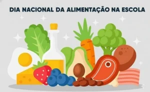 Colagem artística e colorida representando a importância do Dia Nacional da Alimentação na Escola. Uma tigela azul contém crianças em uma sala de aula recebendo merenda de uma professora, cercadas por frutas, legumes e um agricultor familiar, simbolizando o PNAE.