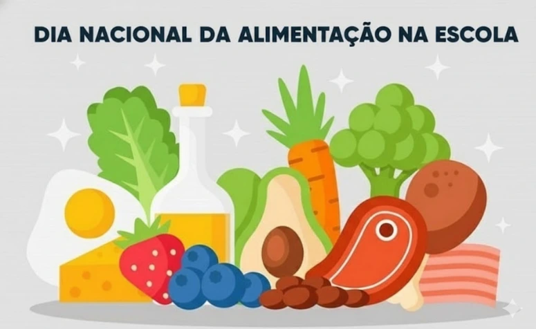 Colagem artística e colorida representando a importância do Dia Nacional da Alimentação na Escola. Uma tigela azul contém crianças em uma sala de aula recebendo merenda de uma professora, cercadas por frutas, legumes e um agricultor familiar, simbolizando o PNAE.