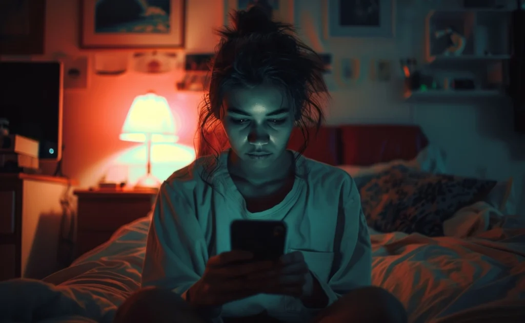 Jovem absorta no smartphone em um quarto escuro. A cena noturna mostra uma pessoa com o cabelo bagunçado, sentada na cama e olhando intensamente para o celular, cuja luz fria ilumina seu rosto.