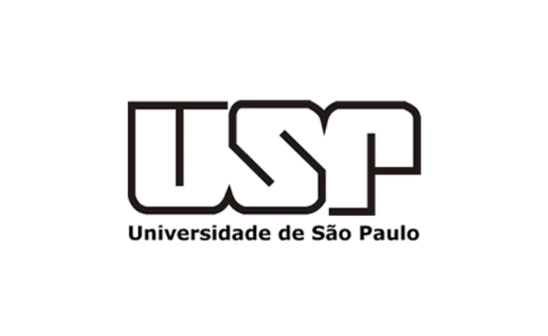 Logo da USP (Universidade de São Paulo) em preto e branco, com a sigla "USP" em destaque e o nome completo da instituição abaixo. Representa a marca da universidade.