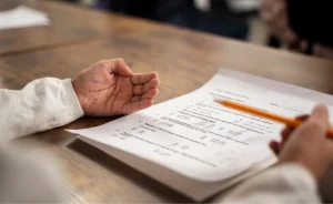 Aluno faz uma prova em uma mesa de madeira, segurando um lápis enquanto olha para a folha de questões.