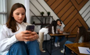 A imagem mostra uma adolescente isolada, focada no celular, com colegas interagindo ao fundo.