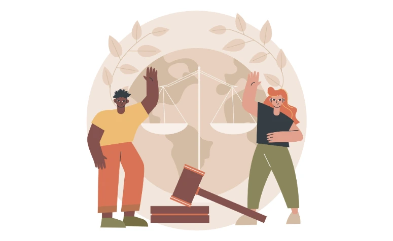 Ilustração em estilo flat com duas pessoas de mãos erguidas diante de uma balança da justiça sobre um globo, com um martelo judicial e livros na base, simbolizando justiça e cooperação.