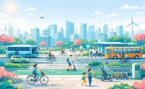 Imagem vibrante de uma cidade moderna com diversas opções de transporte sustentável, como bicicletas, patinetes, ônibus elétricos e carros, rodeada por árvores de flores rosadas, edifícios altos ao fundo e energia renovável com parques e painéis solares.