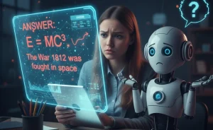 uma estudante segura um tablet com expressão de confusão, enquanto um robô amigável que representa a IA faz um gesto de incerteza ao seu lado