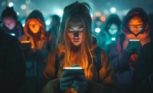 Pessoas em ambiente noturno iluminadas pelo brilho de seus celulares, representando o isolamento digital e vícios comportamentais.
