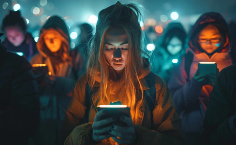 Pessoas em ambiente noturno iluminadas pelo brilho de seus celulares, representando o isolamento digital e vícios comportamentais.